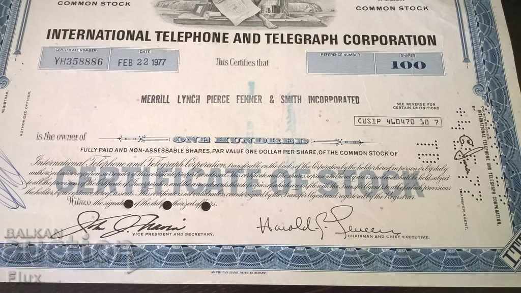 Auction Share certificate International Tel. & Tel. Corp. | 1977 Auction Share certificate International Tel. & Tel. Corp. | 1977