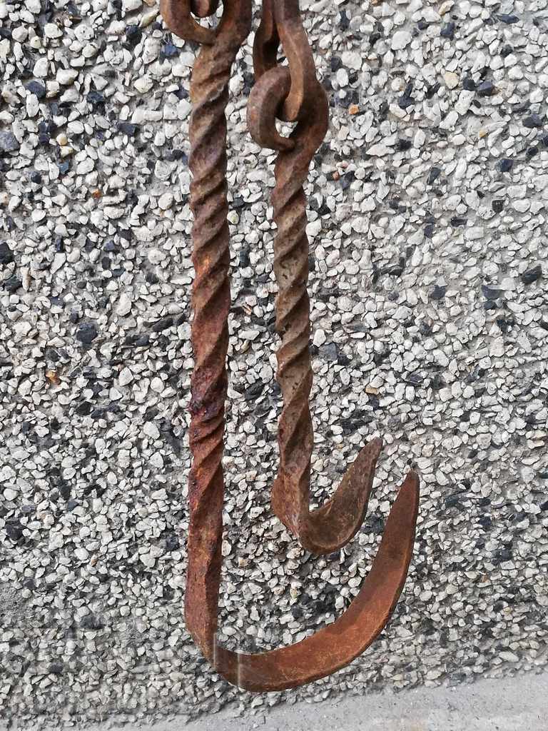 Auction  Old forged chain with hook, hearth for hearth chain hook