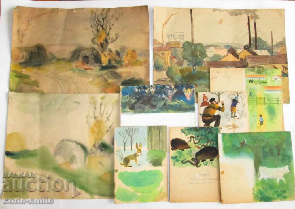 Lot of old drawings paintings illustrations Prof. Koyu Denchev