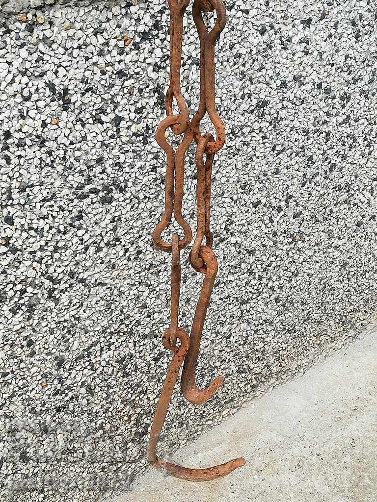 Auction Old forged chain with hook, hearth for hearth chain hook Auction Old forged chain with hook, hearth for hearth chain hook