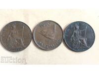 Great Britain 3 Farthing Coins 1900 1924 1950 Victoria