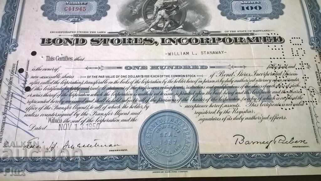 Licitație Certificat de partajare Magazine de obligațiuni, încorporate | 1950