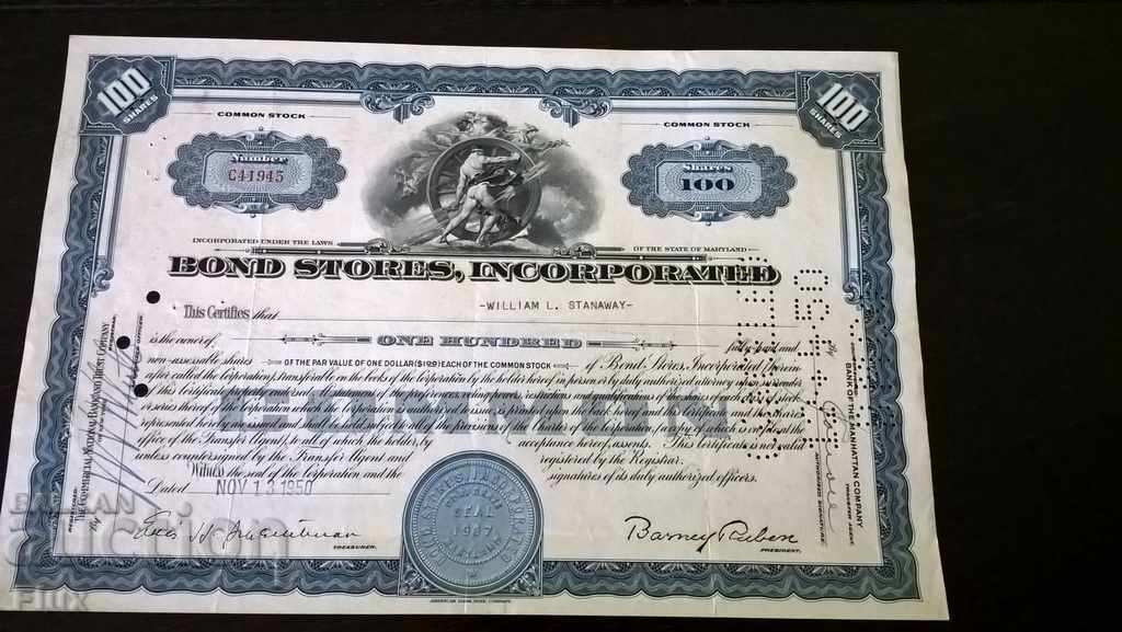 Сертификат за акции | Bond Stores, Incorporated | 1950г.