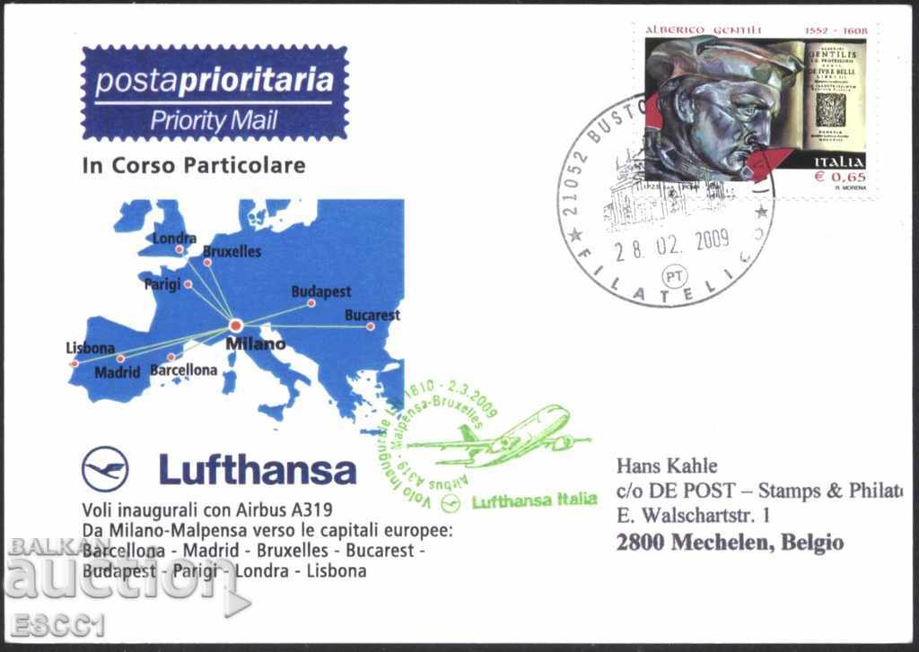 Пътувала пощенска картичка Авиация Луфтханза 2009 от Италия
