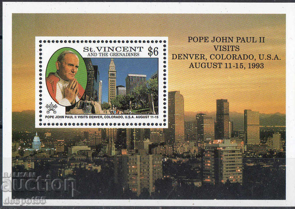 1993 St. Vincent și Grenadine. Papa Ioan Paul al II-lea în Statele Unite. bloc