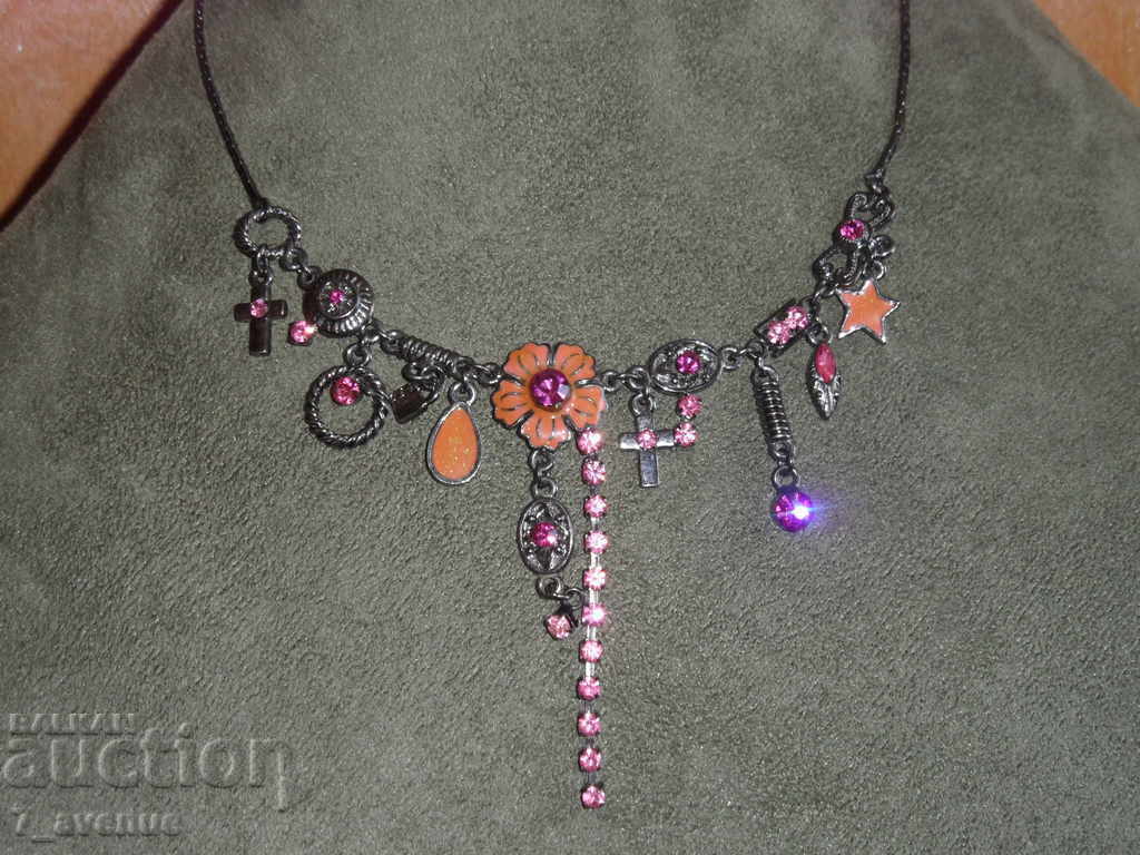 NECKLACE with 2 crosses, flowers, stones 38cm