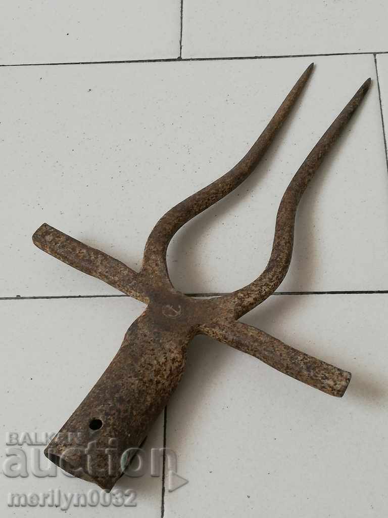 Auction Old Wrought Two Prong, Pitchfork, Wrought Iron Auction Old Wrought Two Prong, Pitchfork, Wrought Iron