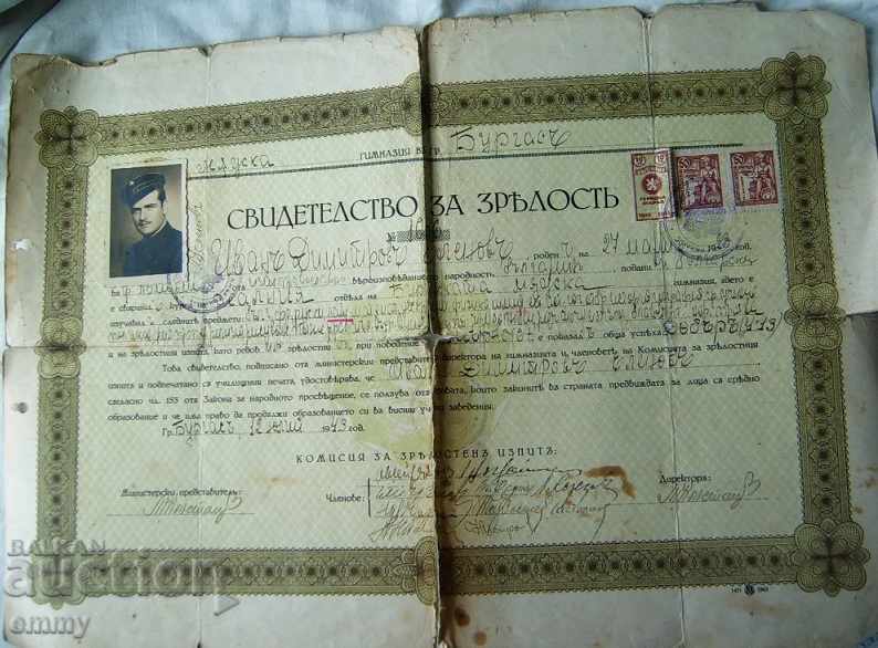 Certificat de probă Male High School Burgas 1943