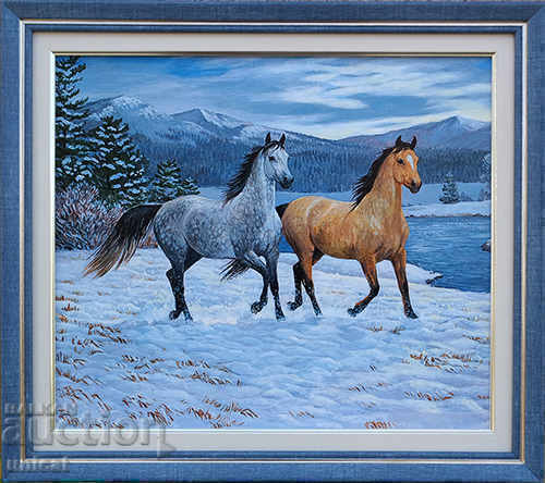Зимен пейзаж с коне, картина