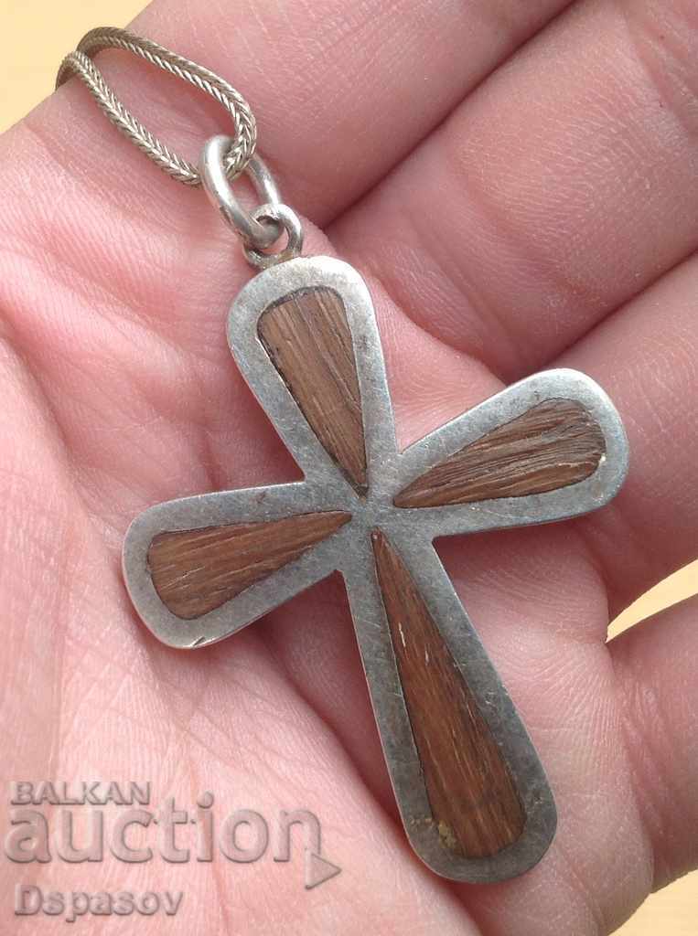 Silver 950 Cross Necklace with Wood