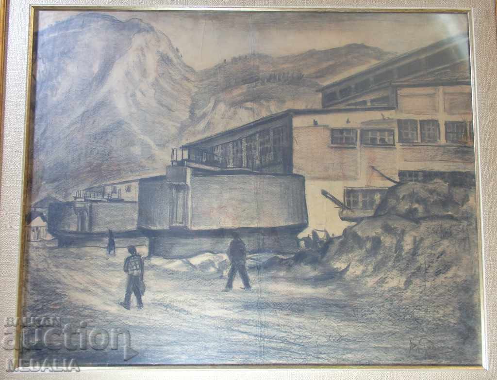 Vladimir Rilski-landscape-chalk drawing-signed-very large! with price 4000.00 BGN | € 2045.17