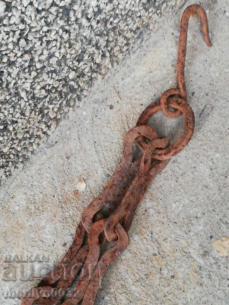 Auction  Old forged chain with hook, hearth for hearth chain hook