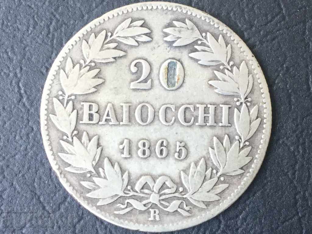 20 Byoki Papal State 1865 rarely preserved silver coin