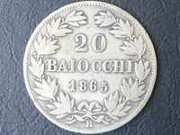 20 байоки Папска държава 1865 рядка запазена сребърна монета