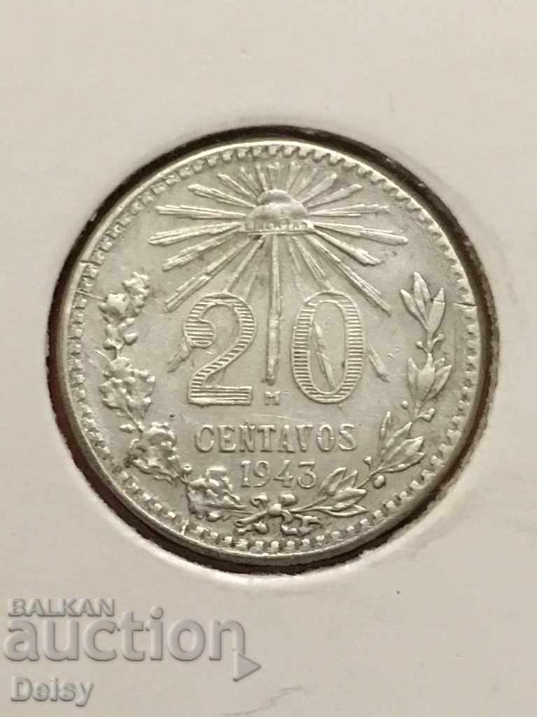 Мексико 20 центавос 1943г.