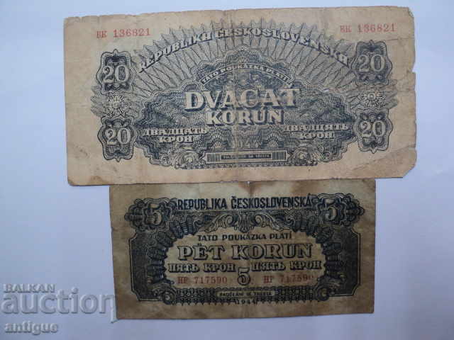 Licitație CECHOSLAVIA 5 și 20 CROWS 1944 ani Licitație CECHOSLAVIA 5 și 20 CROWS 1944 ani