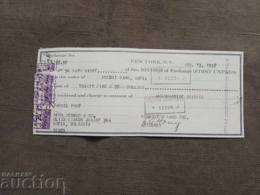 American Check 1935 - Credit Bank Sofia American Check 1935 - Credit Bank Sofia