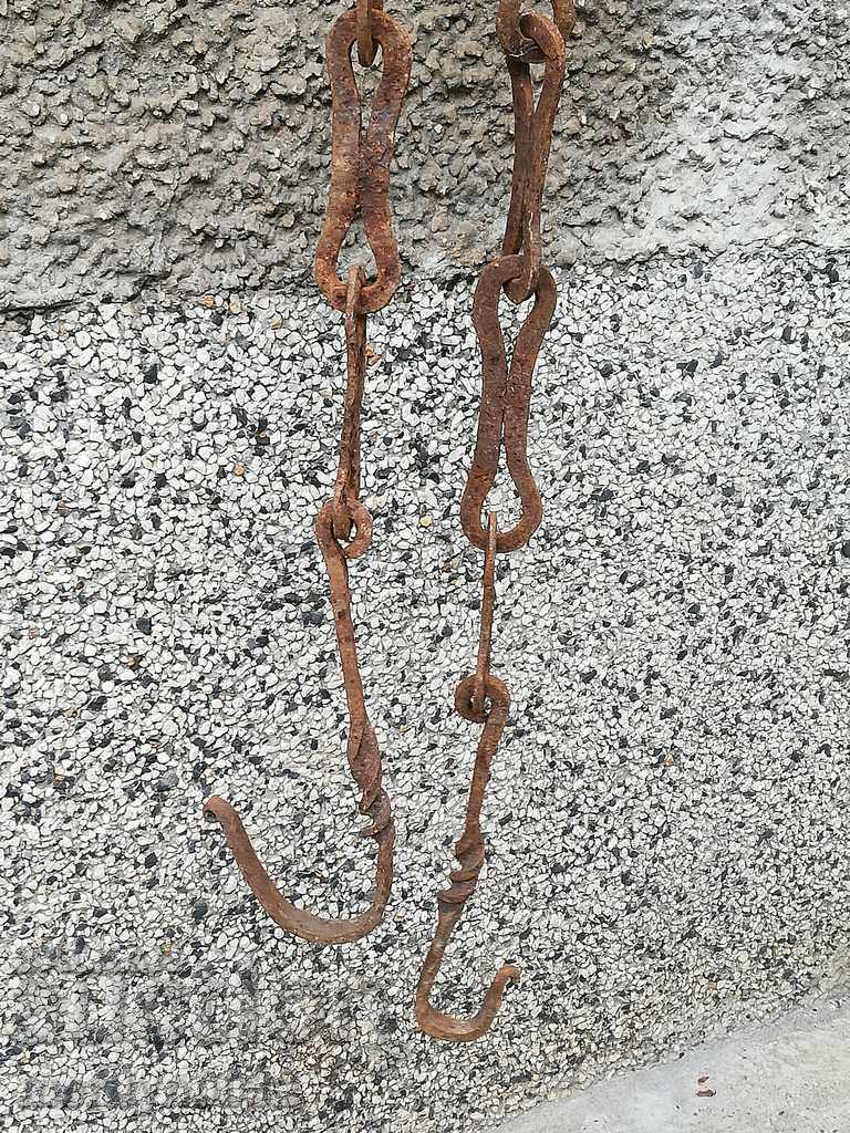 Auction Old forged chain with hook, hearth for hearth chain hook Auction Old forged chain with hook, hearth for hearth chain hook