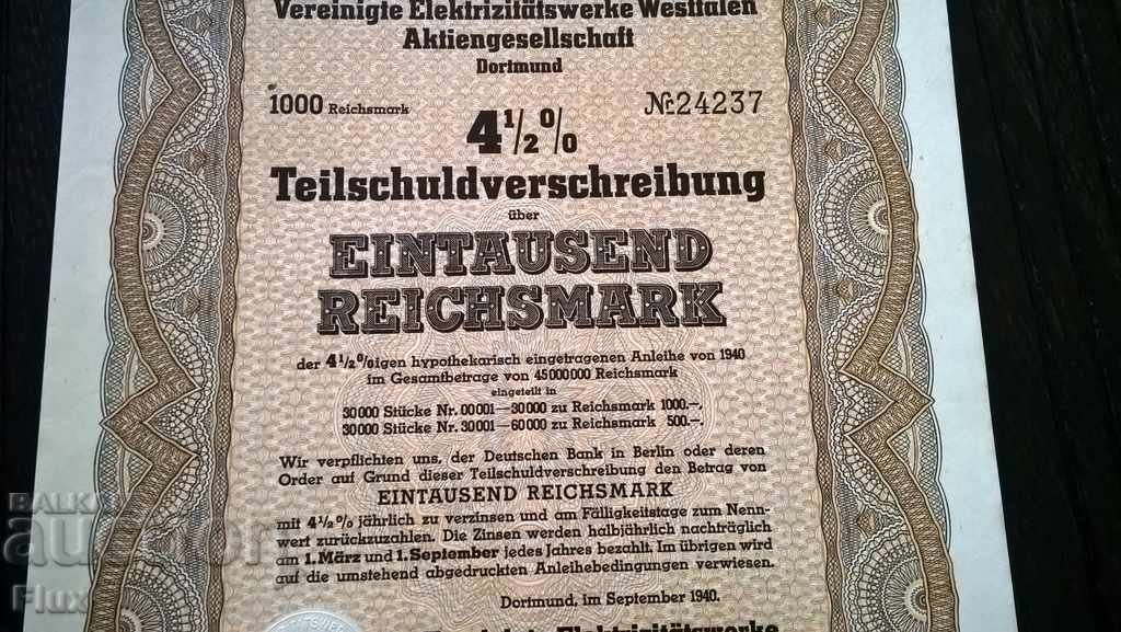 Δημοπρασία Bond 1000 μάρκες Reich Μεσημεριανό. Σταθμούς ηλεκτροπαραγωγής της Βεστφαλίας Δημοπρασία Bond 1000 μάρκες Reich Μεσημεριανό. Σταθμούς ηλεκτροπαραγωγής της Βεστφαλίας