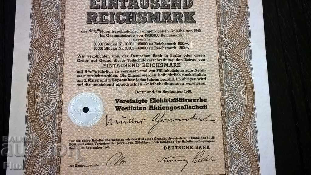 Παράδοση Bond 1000 μάρκες Reich Μεσημεριανό. Σταθμούς ηλεκτροπαραγωγής της Βεστφαλίας Παράδοση Bond 1000 μάρκες Reich Μεσημεριανό. Σταθμούς ηλεκτροπαραγωγής της Βεστφαλίας