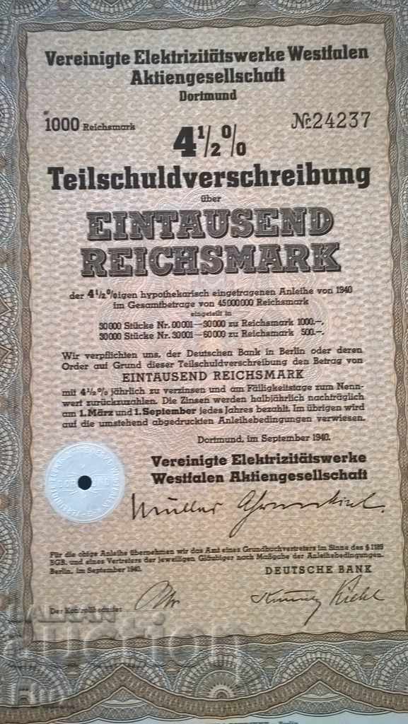 Bond 1000 μάρκες Reich Μεσημεριανό. Σταθμούς ηλεκτροπαραγωγής της Βεστφαλίας - 5 Bond 1000 μάρκες Reich Μεσημεριανό. Σταθμούς ηλεκτροπαραγωγής της Βεστφαλίας - 5