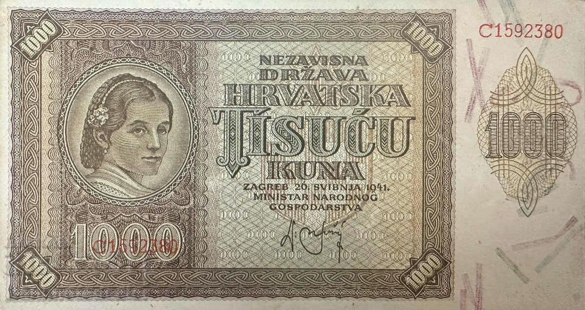 Croatia 1000 Kuna 1941 Pick 4a Ref 2380 Unc