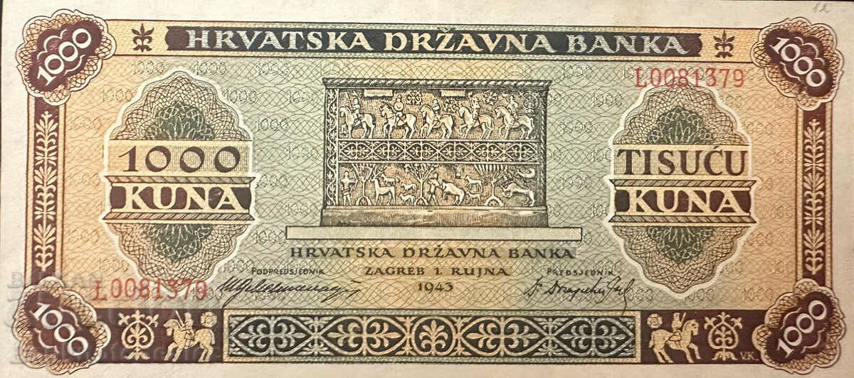 Κροατία 1000 Kuna 1943 Pick 12a Ref 1379 aUnc