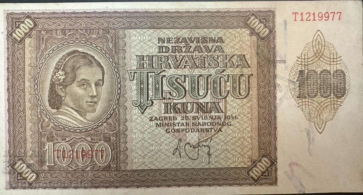 Croatia 1000 Kuna 1941 Pick 4a Ref 9977 Unc