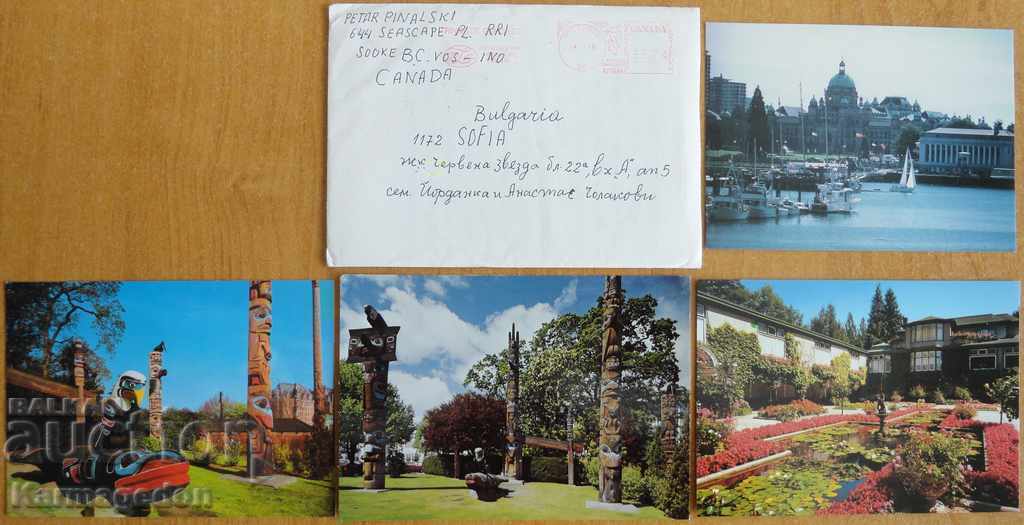 Traveled envelope with 4 cards from Canada, 1980s