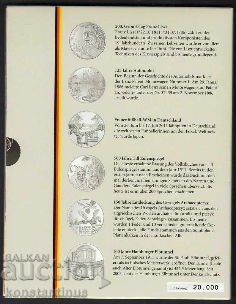 Licitație Germania 6 x 10 € 2011 Proba 35,1 mm. 16 g UNC PROOF