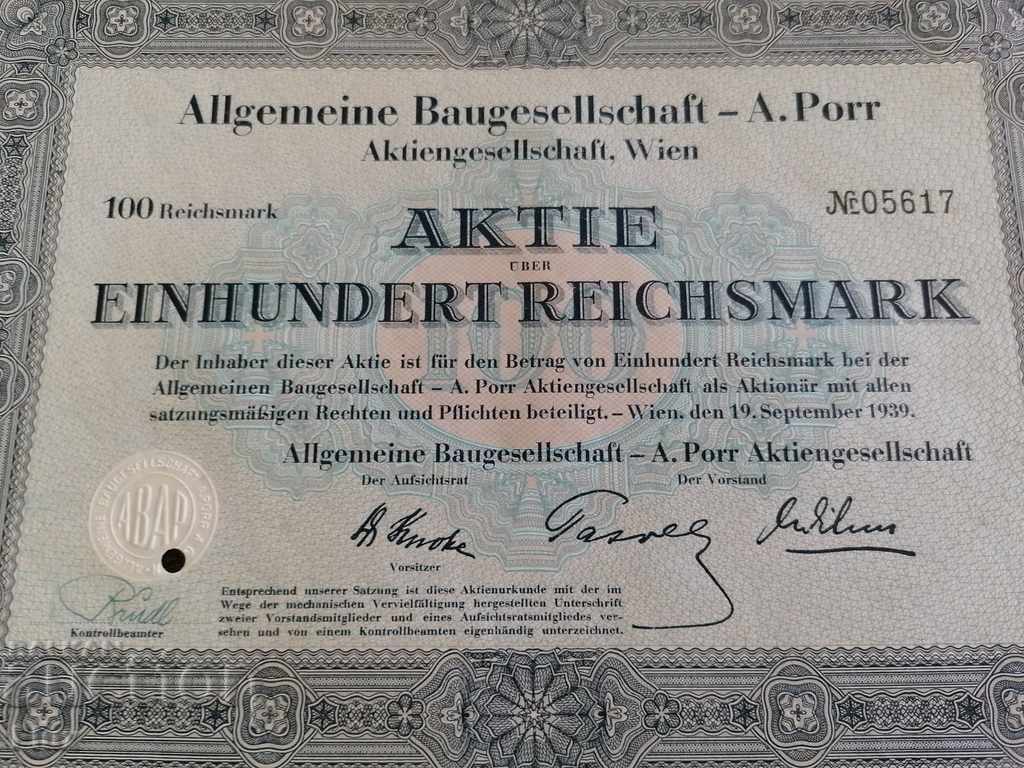Acțiune | 100 Reich Marks Allgemeine Baugesellschaft | 1939. cu preț 23.00 BGN | € 11.76
