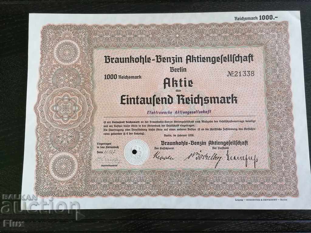 Acțiune | 1000 Reich Brands Braunkohle-Benzin AG 1936.