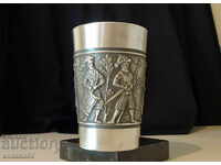 Knight's cup, pewter mug with hunting scenes.