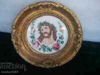 Tapestry "Jesus Christ" in an old frame and glass diam.18 cm