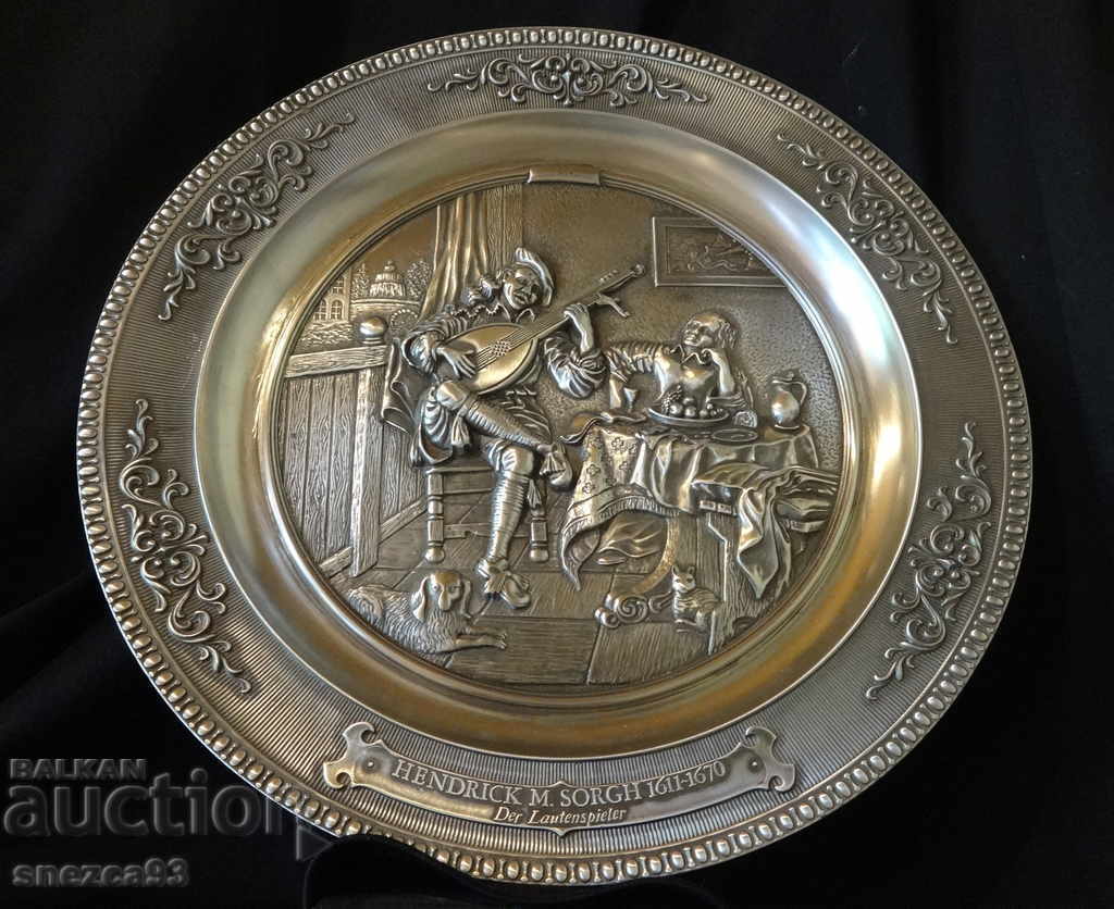 Licitație WMF farfurie, panou din cositor cu imagine în relief Lăutar