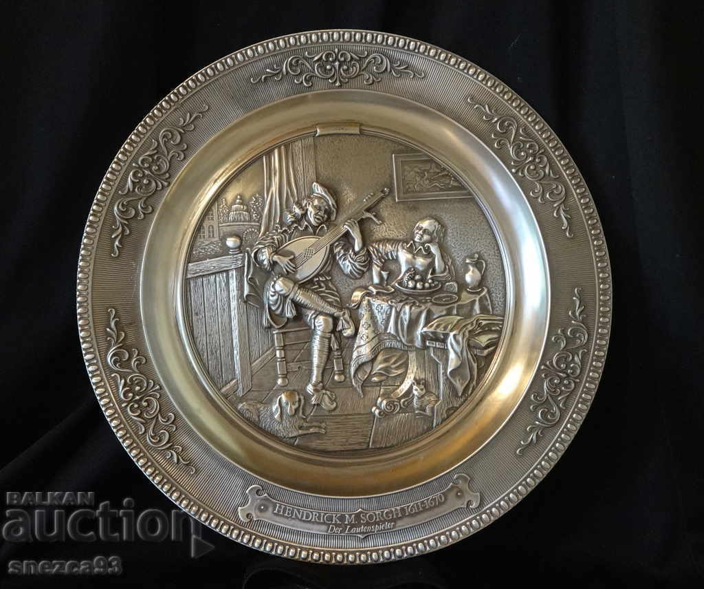 WMF plate, pewter panel with a relief painting from the 17th c.