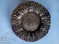 Old bronze ashtray with religious, royal scenes, D 115mm.