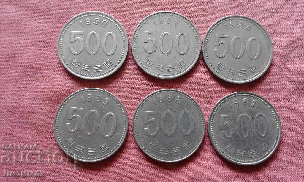500 won South Korea - lot of different years - 6 pieces