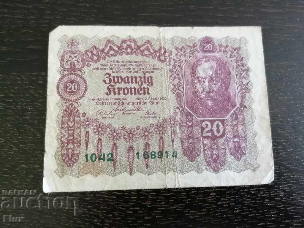 Банкнота - Австрия - 20 крони | 1922г. с цена 7.00 лв. | € 3.58