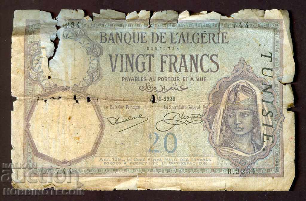TUNIS TUNISIA 20 Francs issue - 1926 TUNIS TUNISIA 20 Francs issue - 1926