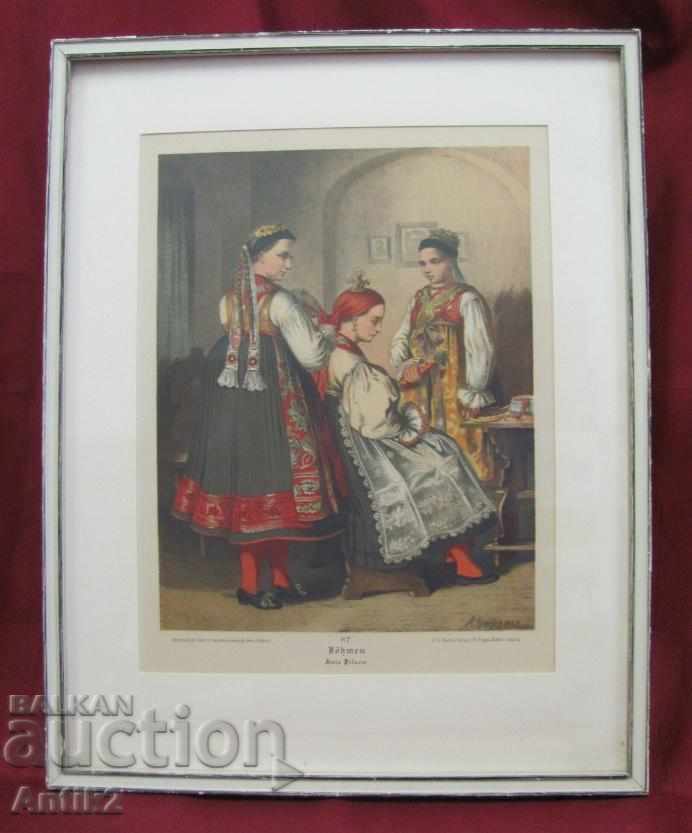 19th Century Colourful Lithography Costume National Germania
