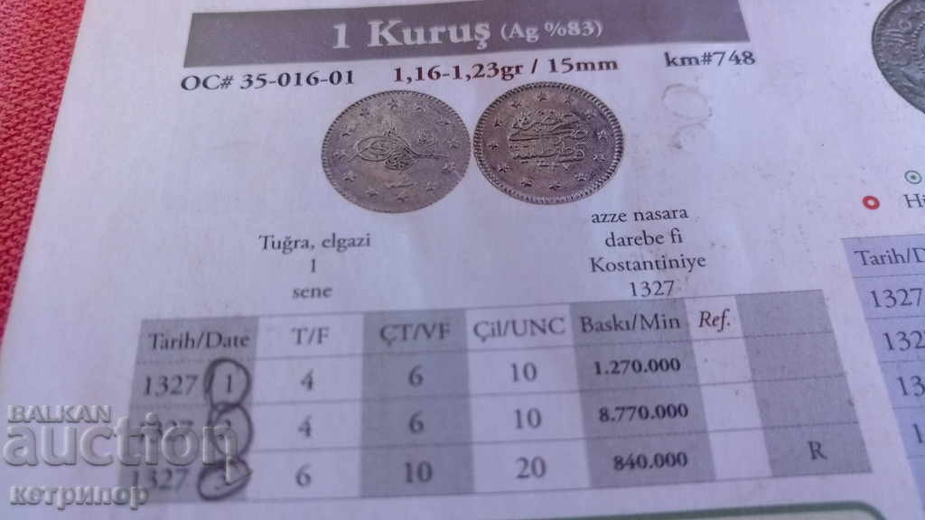 Δημοπρασία 1 kurush 1327 / 3g Οθωμανική Τουρκία