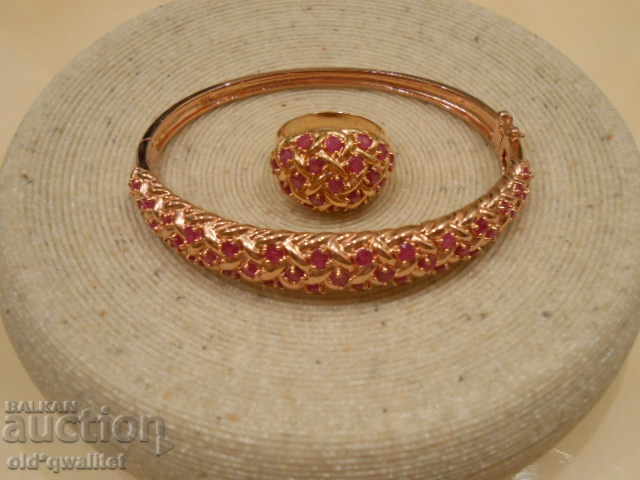 Silver BRACELET and RING with Ruby, Silver 925 rose gold plated