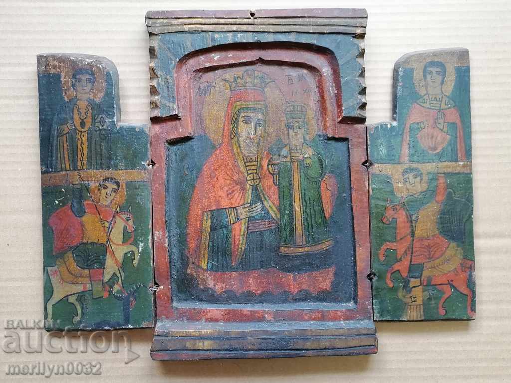 Old triptych, home icon, religion, lamp, cross