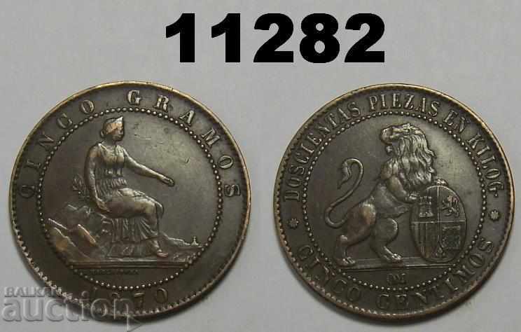 Spania 5 centimos 1870 XF monedă excelentă