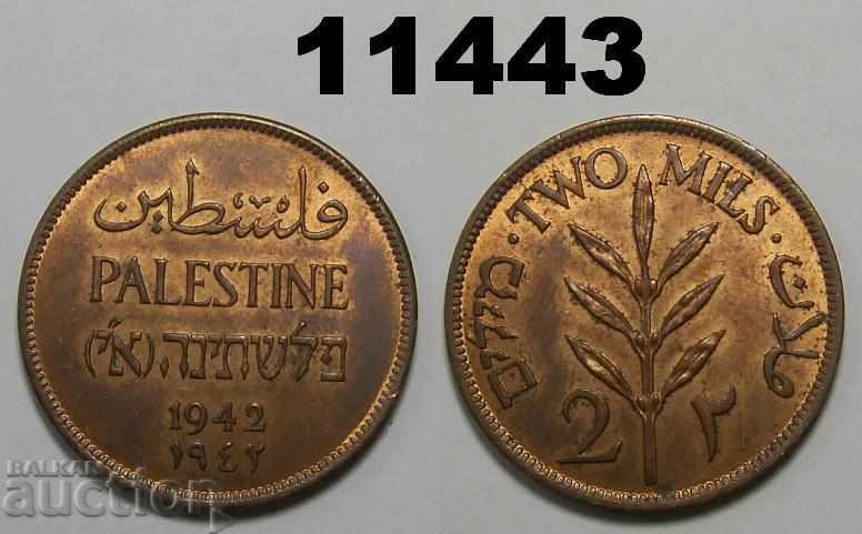 Palestina 2 Mills 1942 Monedă lucioasă excelentă