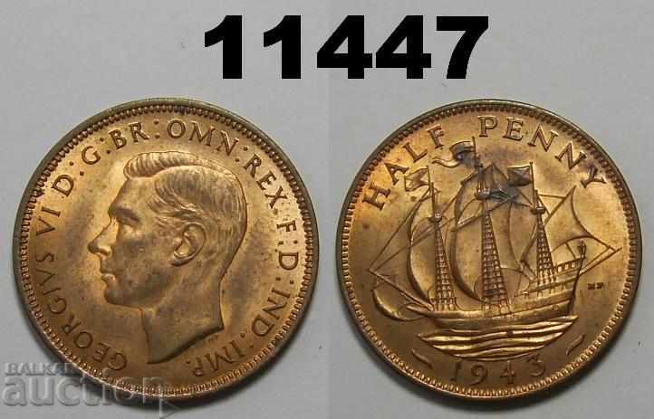 UK 1/2 penny 1943 UNC gloss