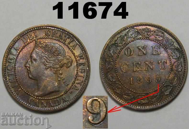RARE DOUBLE 9 Canada 1 cent 1899 AU / UNC