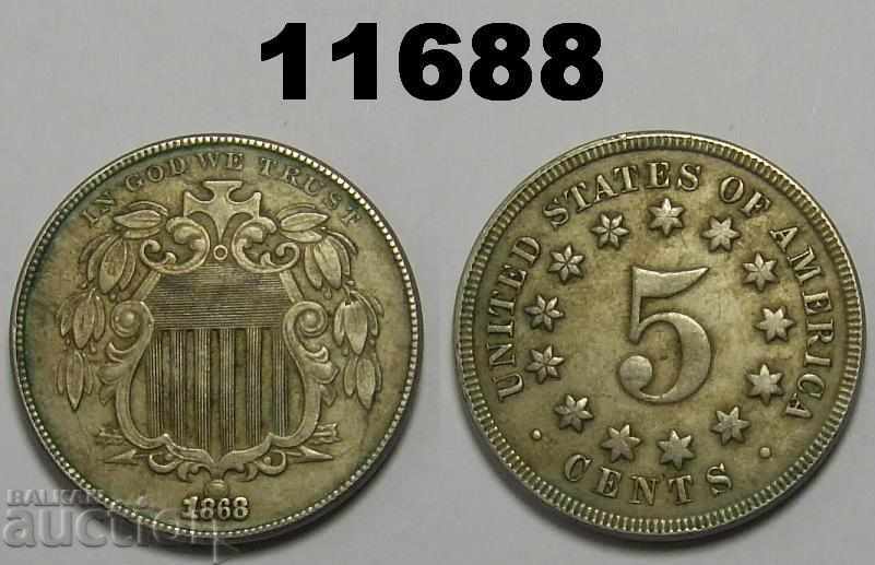 САЩ 5 цента 1868 XF+ Отлична Shield Nickel монета