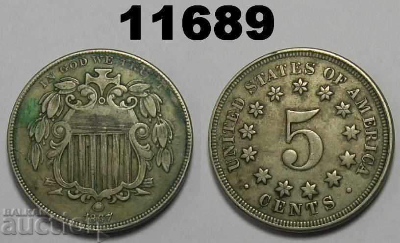 САЩ 5 цента 1867 VF+ Shield Nickel монета